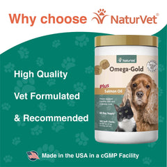 NaturVet Omega-Gold Plus bottle and label emphasizing vet-formulated USA-made quality