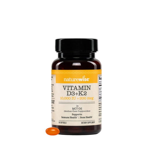 NatureWise D3 + K2 softgels bottle shows bone-support formula