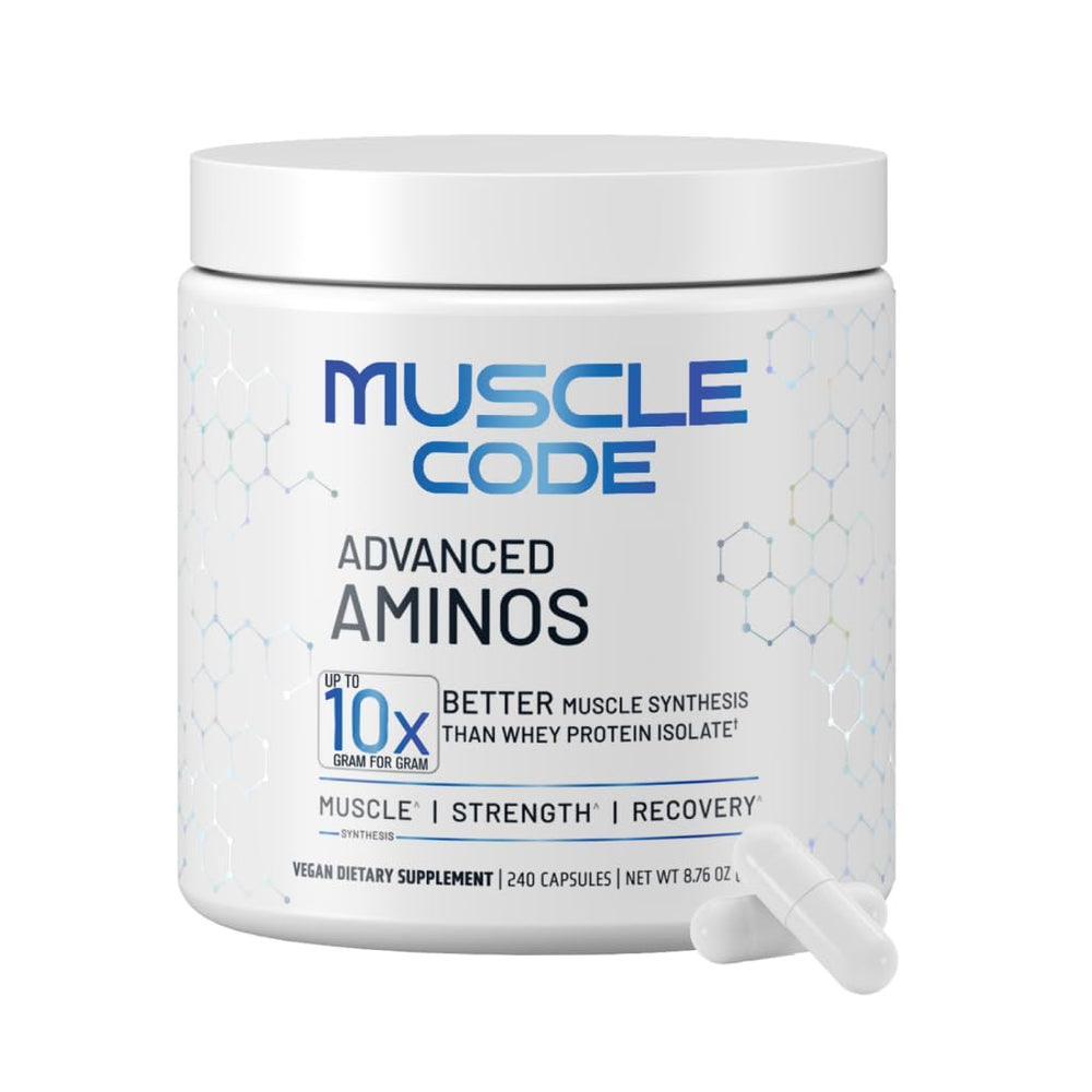 NAUTILUS Muscle Code amino acids bottle highlights rapid-absorption supplement for workouts.
