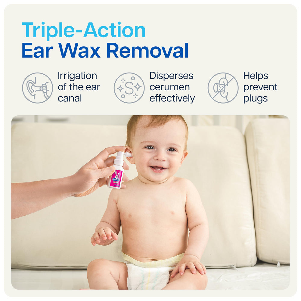 Naveh Pharma CleanEars Baby wax removal progress shown safely dissolving buildup.