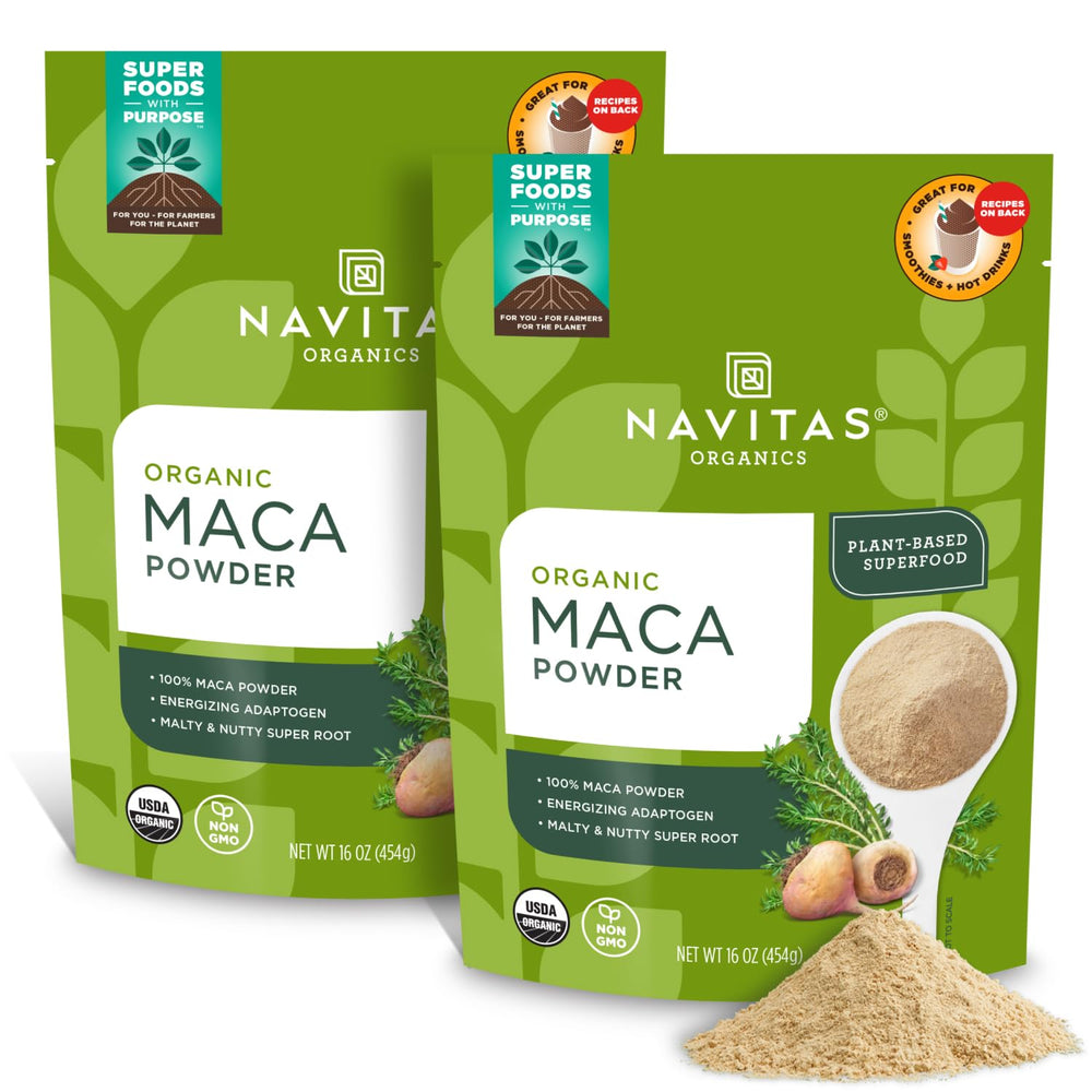 Navitas Organics Maca Powder jar front; ideal for smoothies and baking.