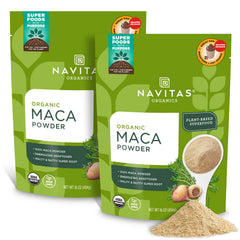 Navitas Organics Maca Powder jar front; ideal for smoothies and baking.