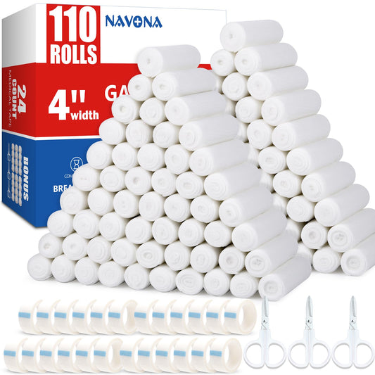 Navona gauze rolls 4in x 4.1yd, individually wrapped for hygienic storage.