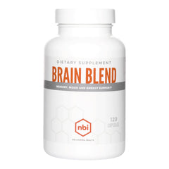 NBI Brain Blend capsule bottle close-up showing a caffeine-free nootropic formula for steady focus