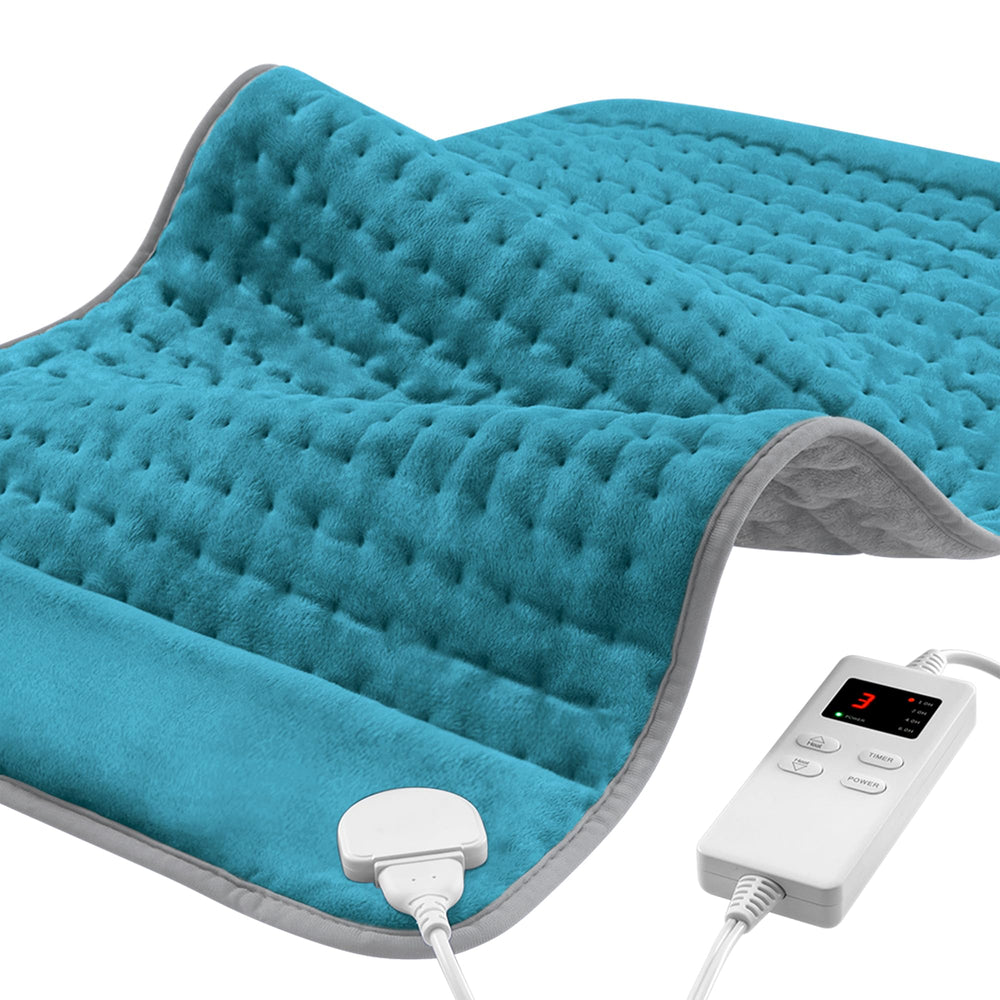 NBKLS heating pad on back and shoulders in cyan for targeted warmth