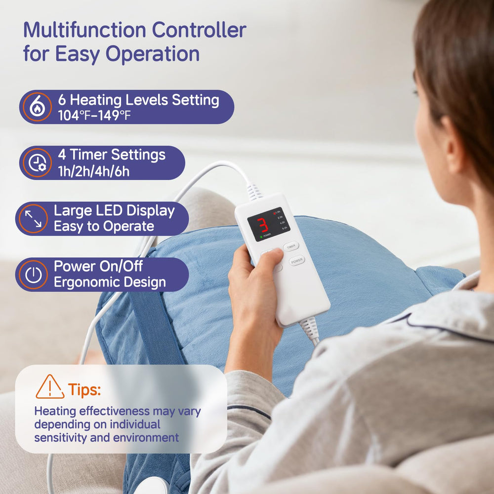 NBKLS heating pad control panel enables quick temperature and timer adjustments.