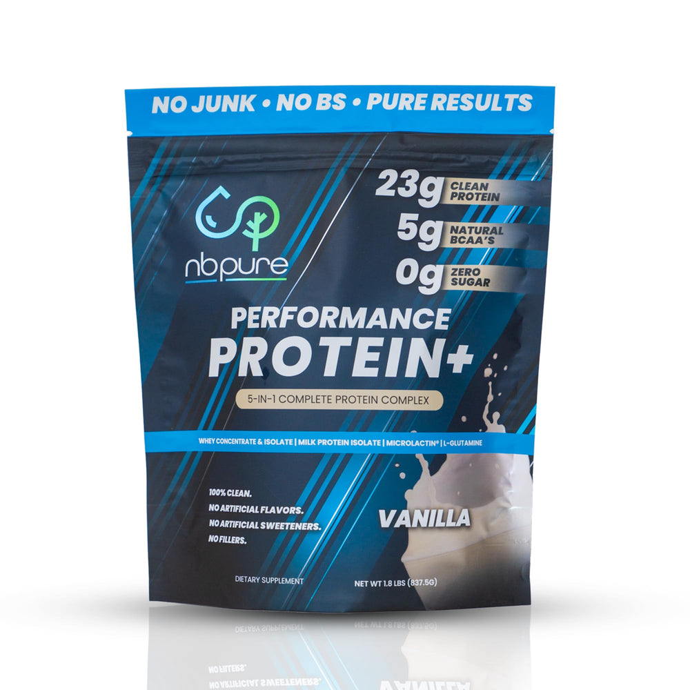 nbpure Performance Protein+ Vanilla tub front shows clean label and 23g protein per serving
