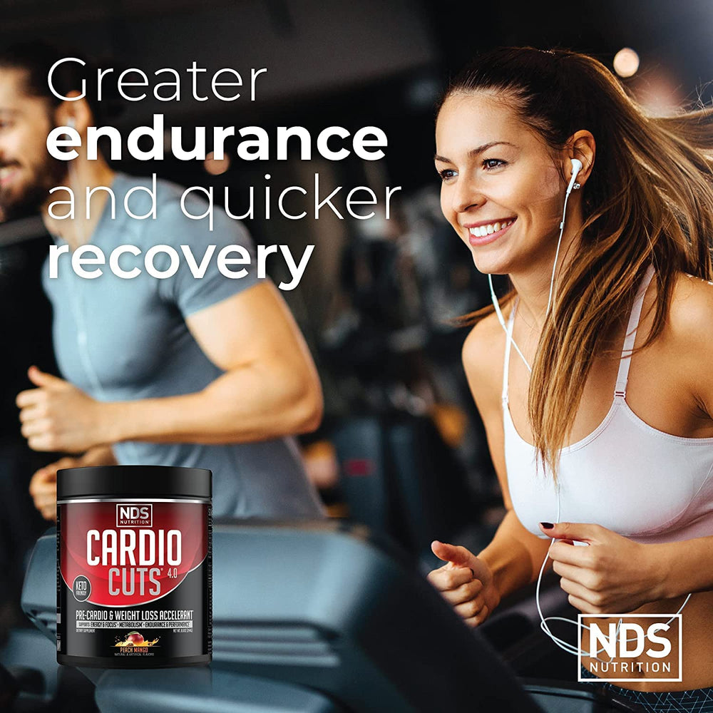 NDS Nutrition Cardio Cuts 4.0 Peach Mango bottle on gym shelf.