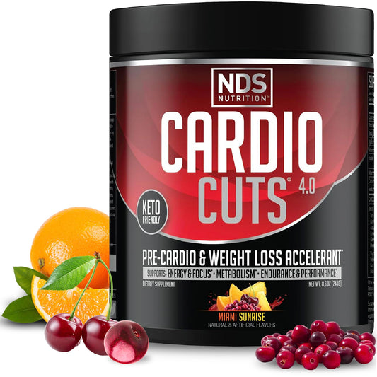 NDS Nutrition Cardio Cuts Miami Sunrise bottle promoting keto-friendly pre-workout energy