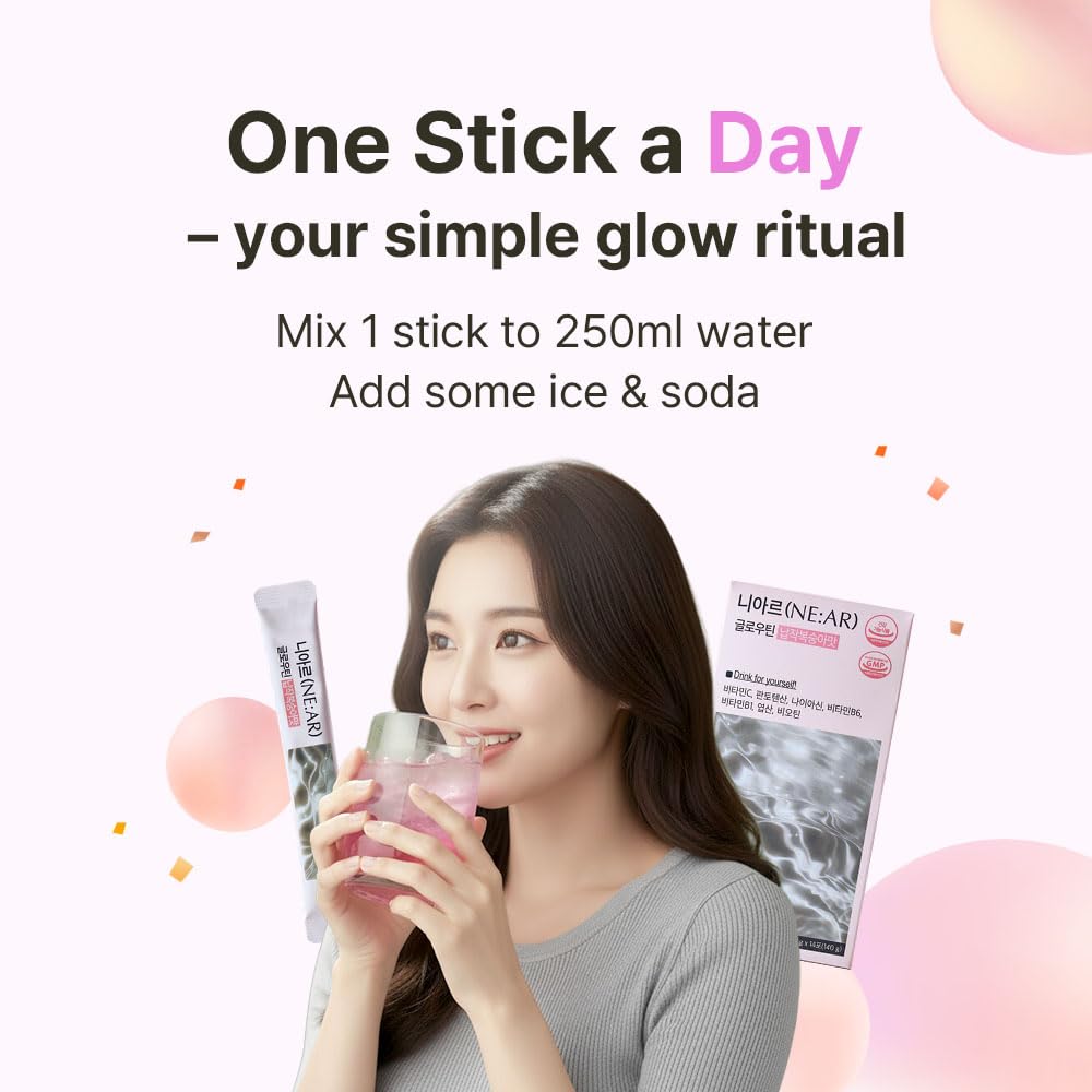 NE:AR Glow Boost Drink packaging tray emphasizing portable beauty routine.