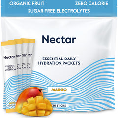 Nectar Hydration Packets mango 30-pack resting beside a glass of water for daily hydration.