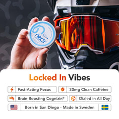 Closeup of Atomic Apple pouch showing sugar-free caffeinated boost for quick mornings