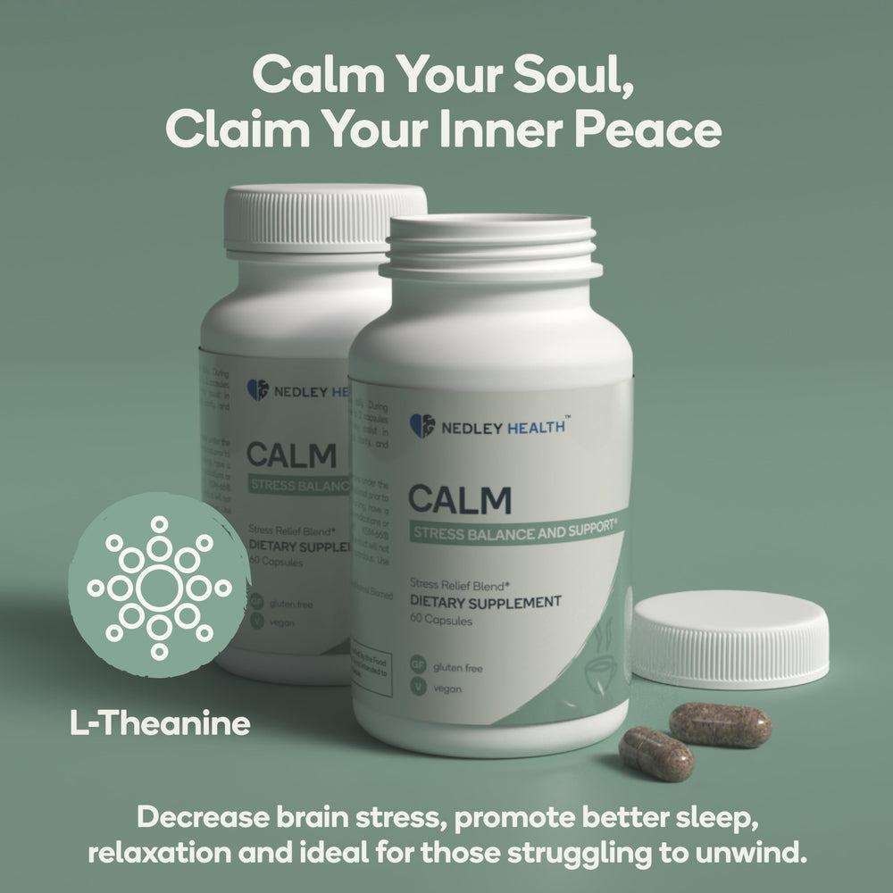 Person taking Nedley Health Calm capsules during morning routine.