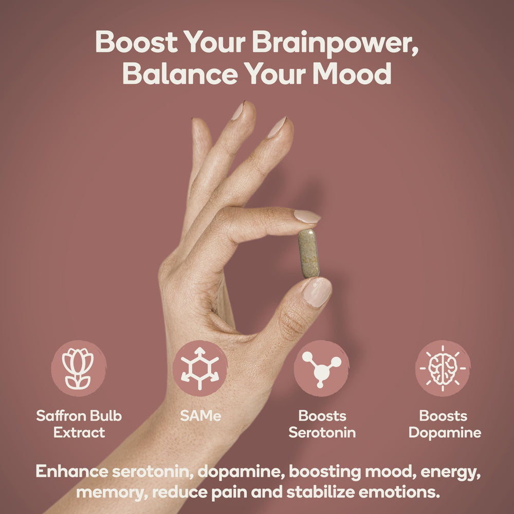 Close-up of Nedley Health Mood tablets showing saffron blend for mood support.