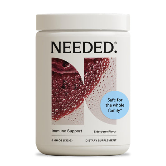 Needed Immune Support powder jar front with label highlights vegan, pregnancy-safe immune support