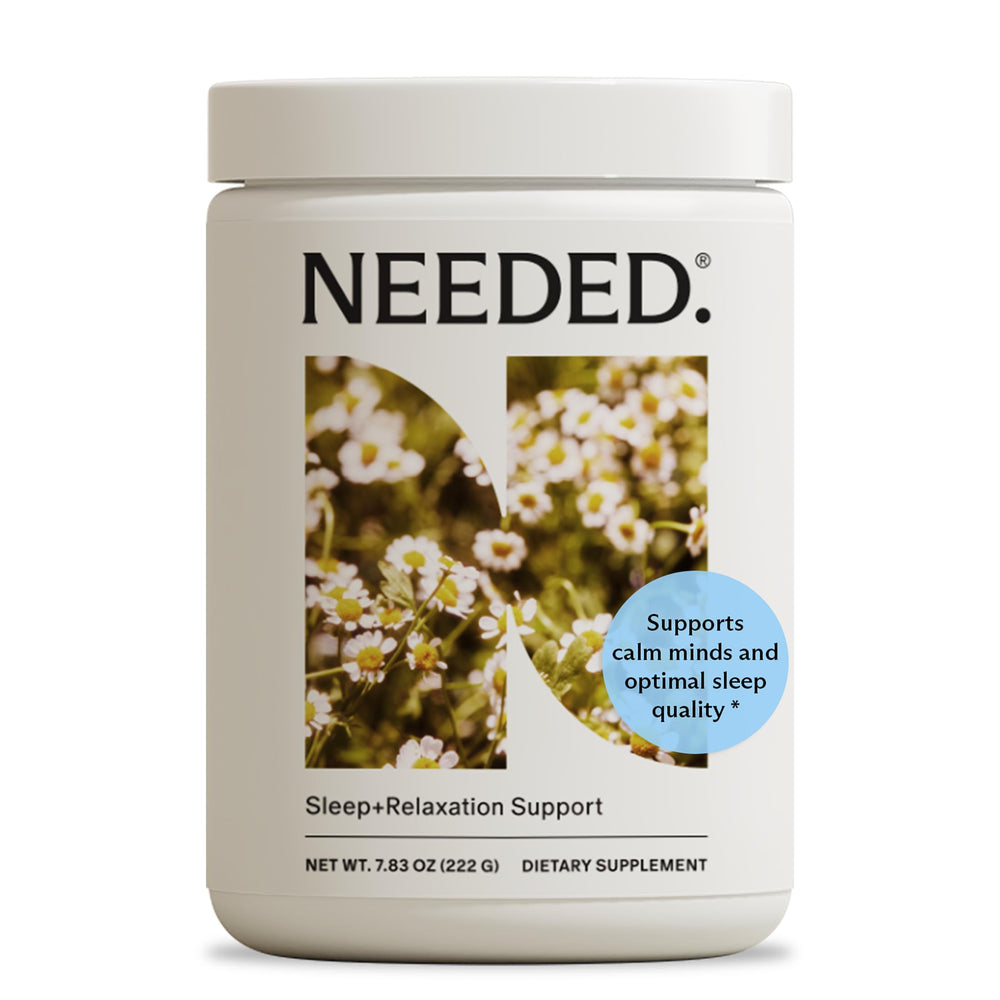 Needed Sleep & Relaxation chamomile powder beside a cup for a calming evening ritual.