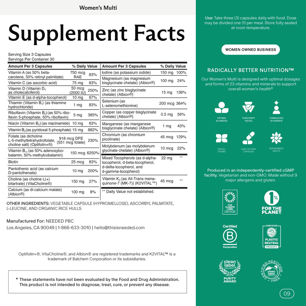 Needed Women’s Multivitamin label highlights 23 nutrients.