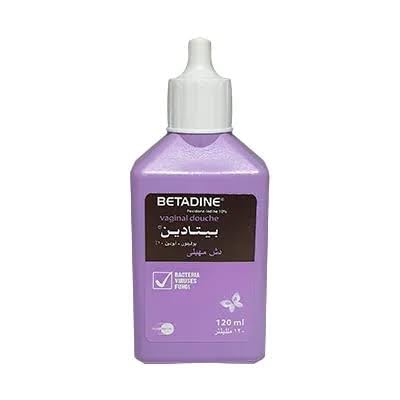 Nefertari Betadine vaginal douche close-up shows cleansing formula.