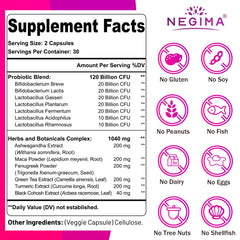 Negima menopause label detail shows seven strains and a 13-in-1 blend