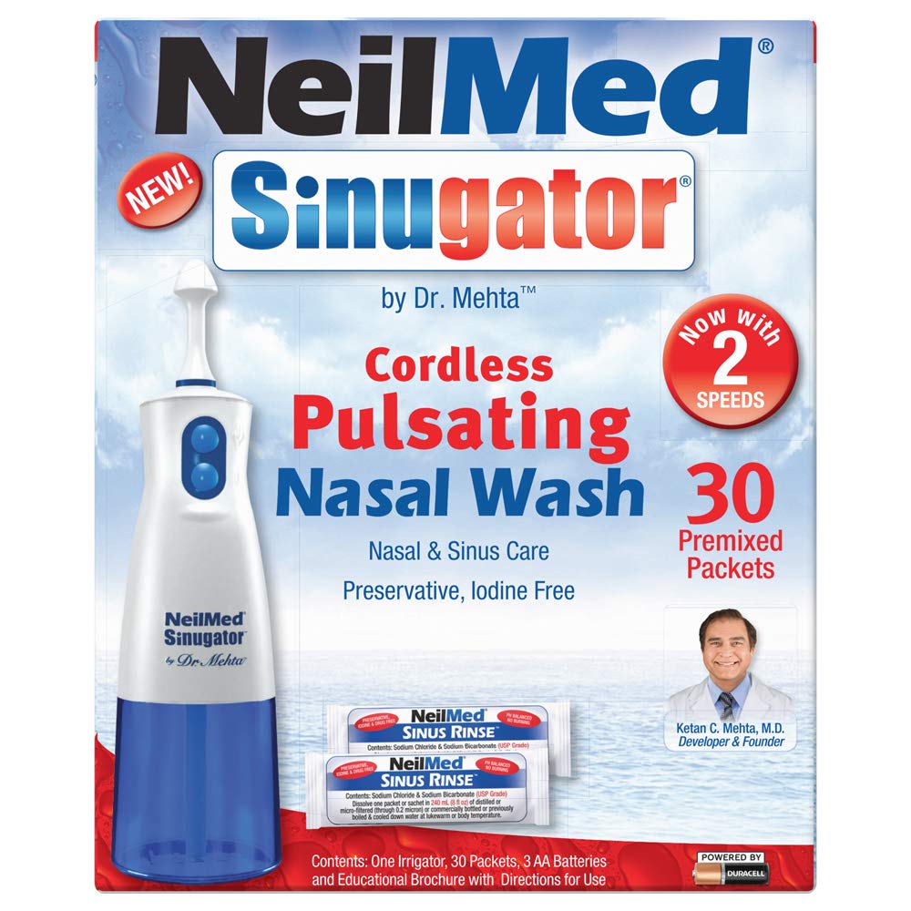 NeilMed Sinugator cordless wash-action demonstrates gentle pulsating irrigation.