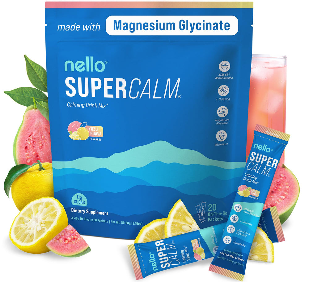 Nello Supercalm canister label highlighting a sugar-free, on-the-go calm.
