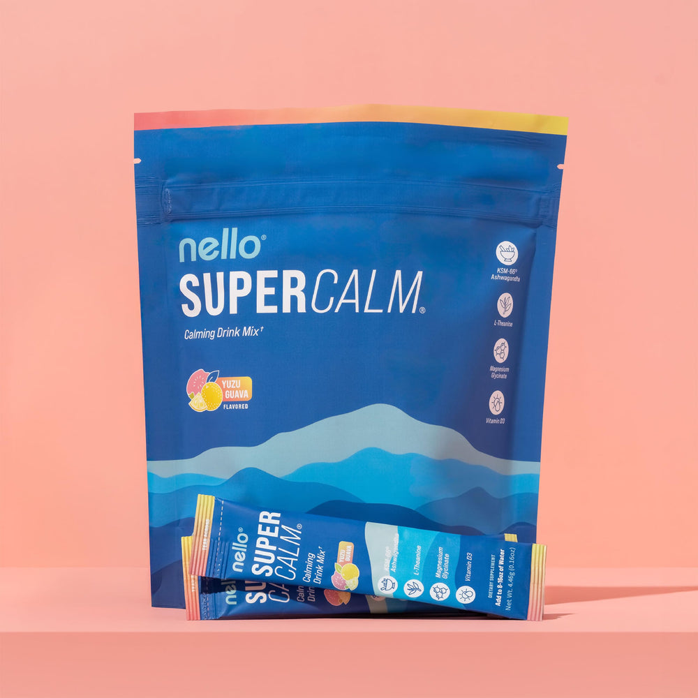 Nello Supercalm ingredients list with Ashwagandha and L-Theanine for balanced routine.