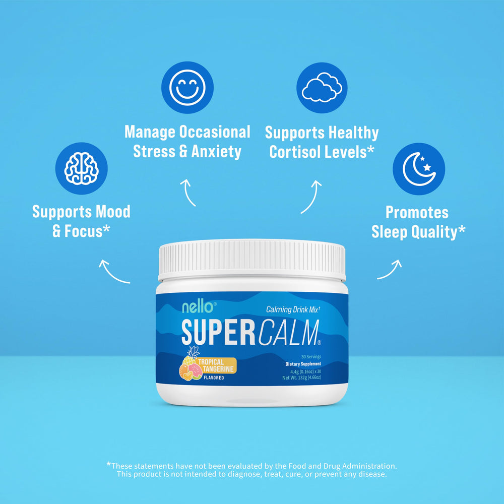 Nello SuperCalm with KSM-66 Ashwagandha for stress balance and focus.