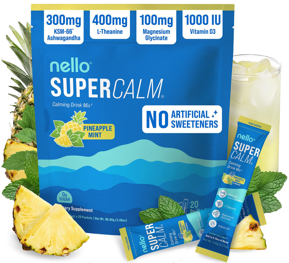 Nello Supercalm canister with pineapple mint powder for on-the-go balance.