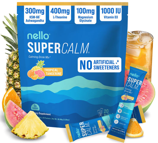 Nello SuperCalm tropical Tangerine packets ready for on-the-go relaxation and focus.
