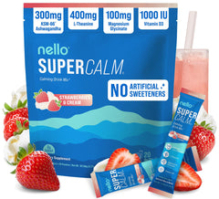 Nello Supercalm tub canister with strawberries and cream powder for on-the-go calm.