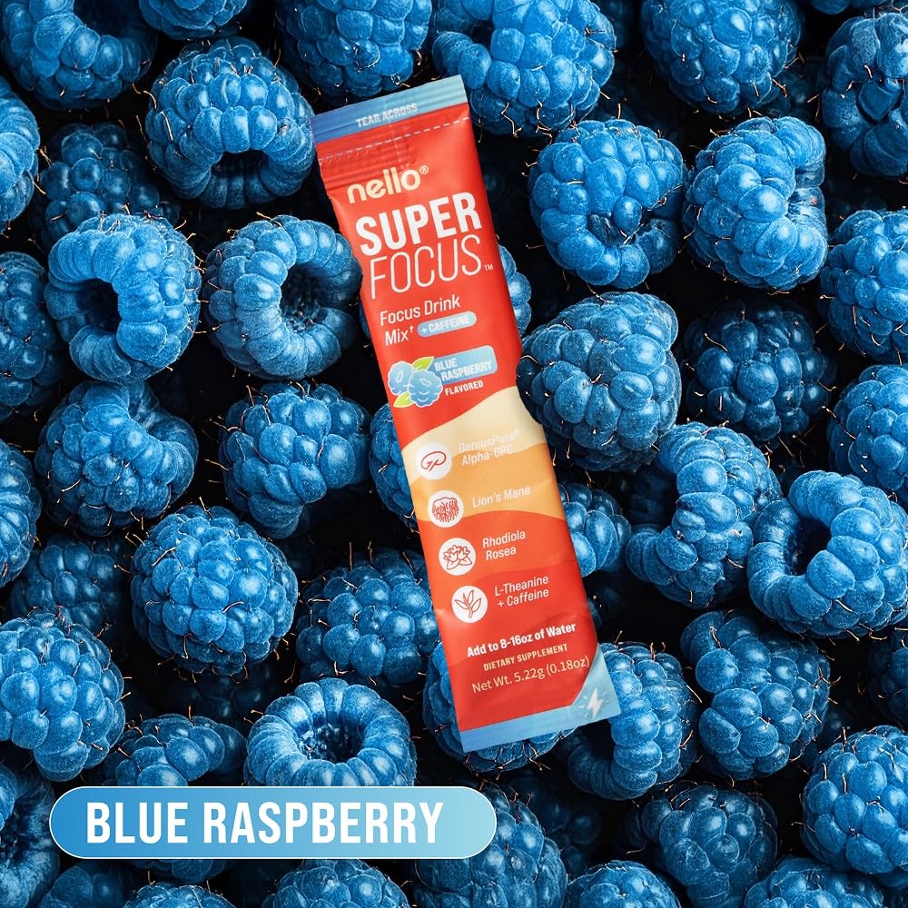 Nello Superfocus blue raspberry packaging showing convenient 20-serving format for daily focus