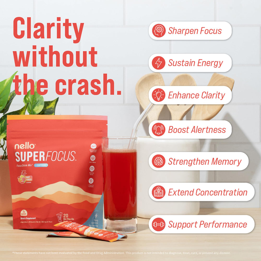 Nello Superfocus fruit punch label showcasing sugar-free formula.