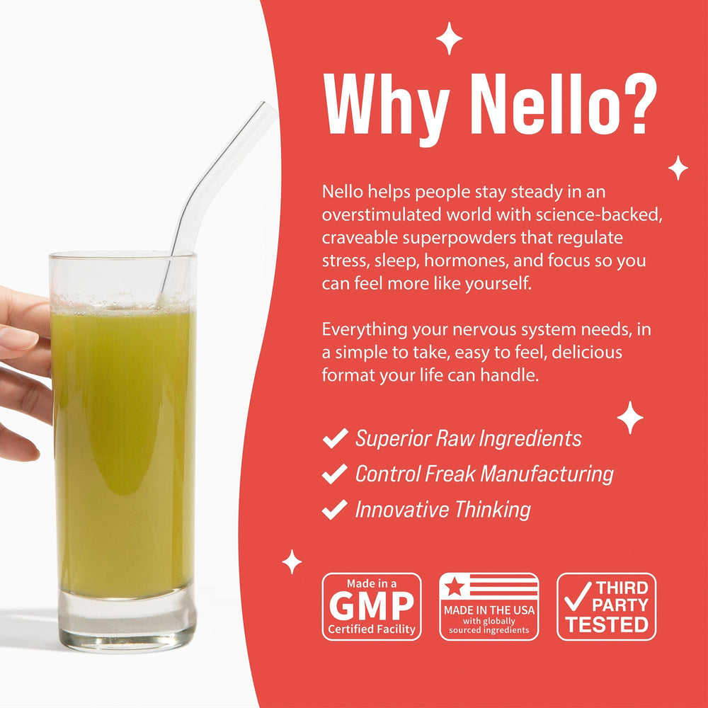 Nello Superfocus glass with sip suggesting steady focus during study sessions.
