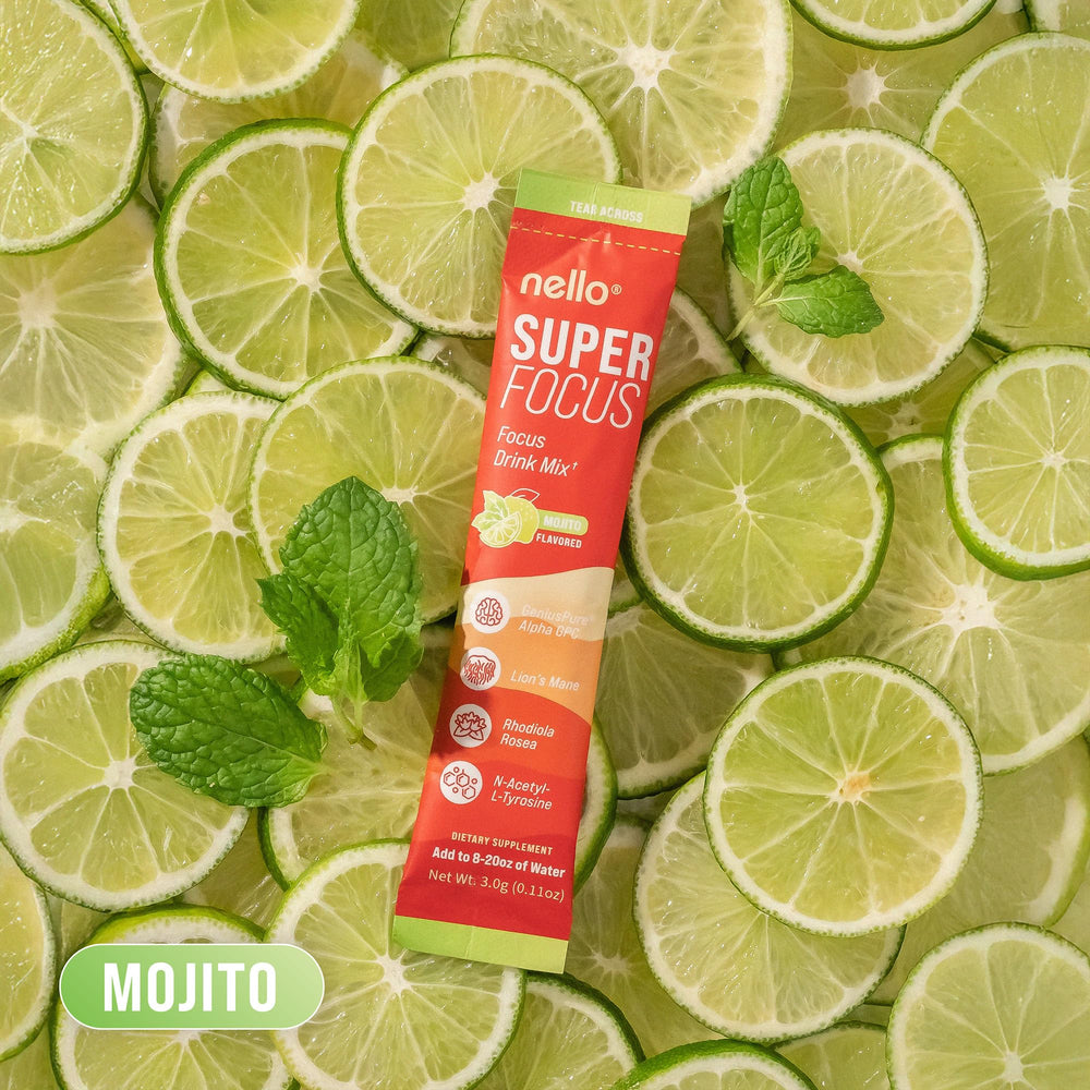 Nello Superfocus Mojito ingredients label highlighting Alpha GPC, Lion's Mane, Rhodiola.