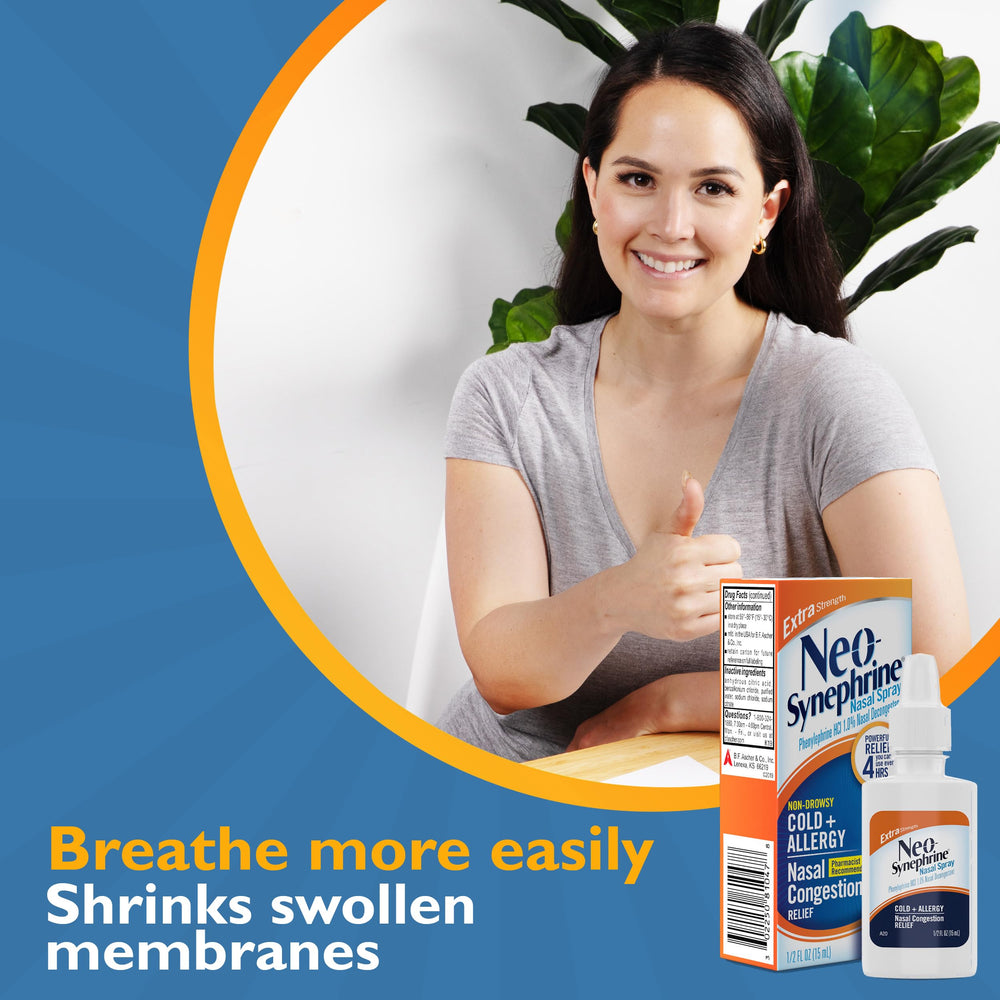 Neo-Synephrine nasal spray box packaging on a store shelf.