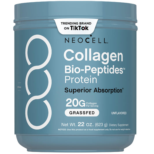 NeoCell Collagen Bio-Peptides powder bottle supports hair, skin, and nails.