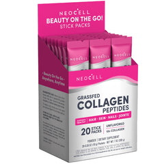 NeoCell collagen peptides stick-pack front with unflavored supplement for hair, skin, nails.