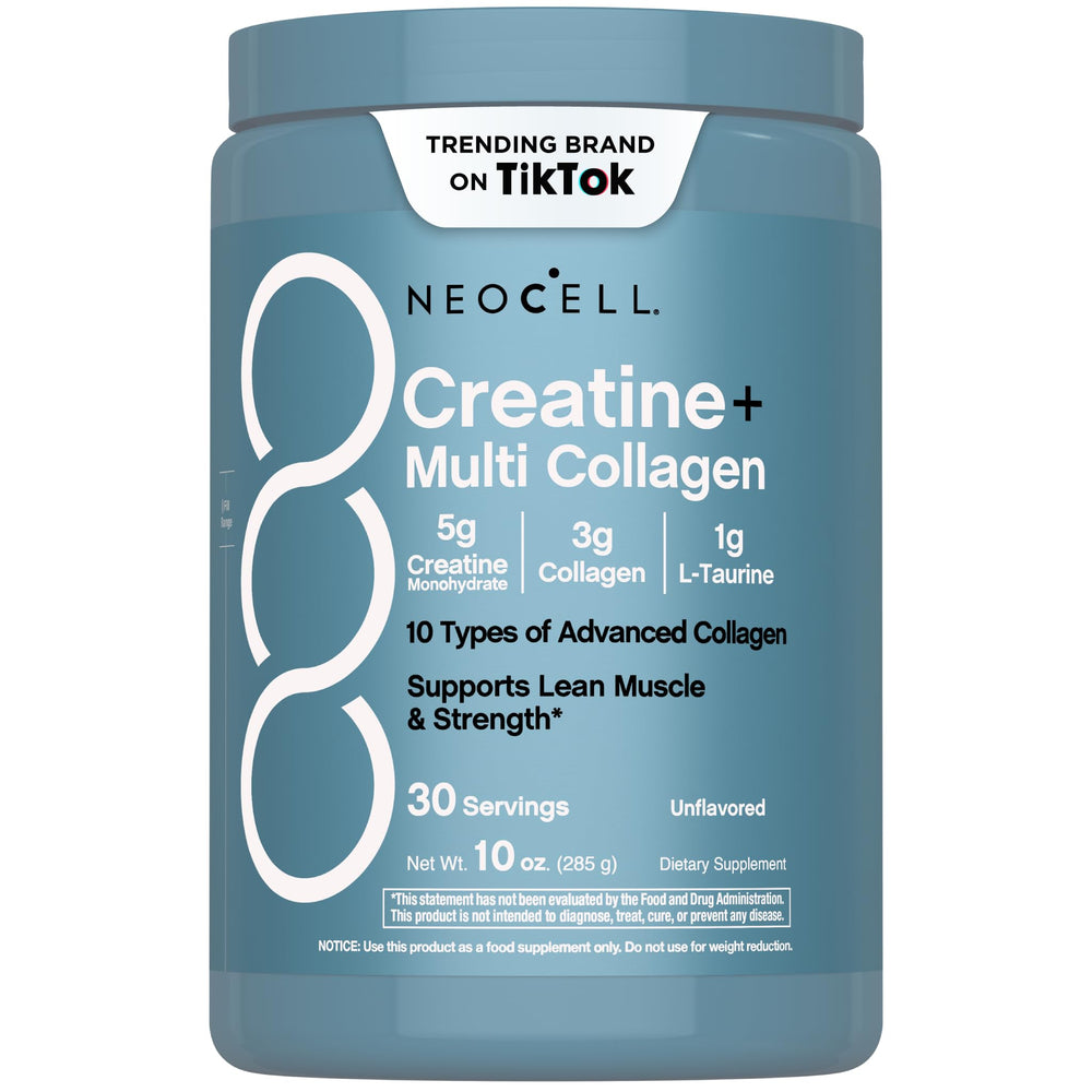 NeoCell Creatine Monohydrate powder bottle shown for workouts and daily energy
