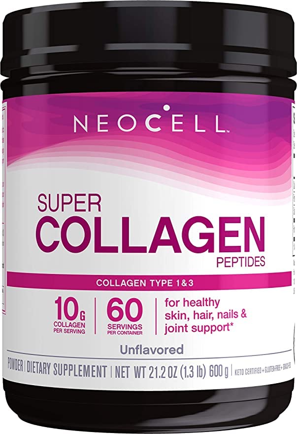 NeoCell Grass-Fed Collagen Peptides powder jar supports hair, skin, and nails