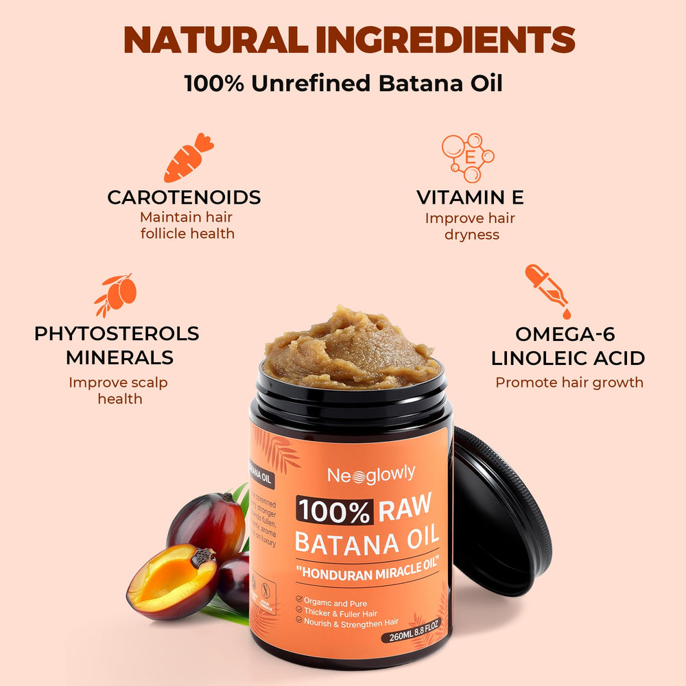Neoglowly Batana Oil close-up highlights vitamin E and omega-6 content