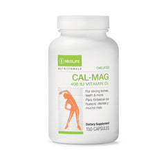 NeoLife chelated Cal-Mag bottle with softgels for daily bone support.