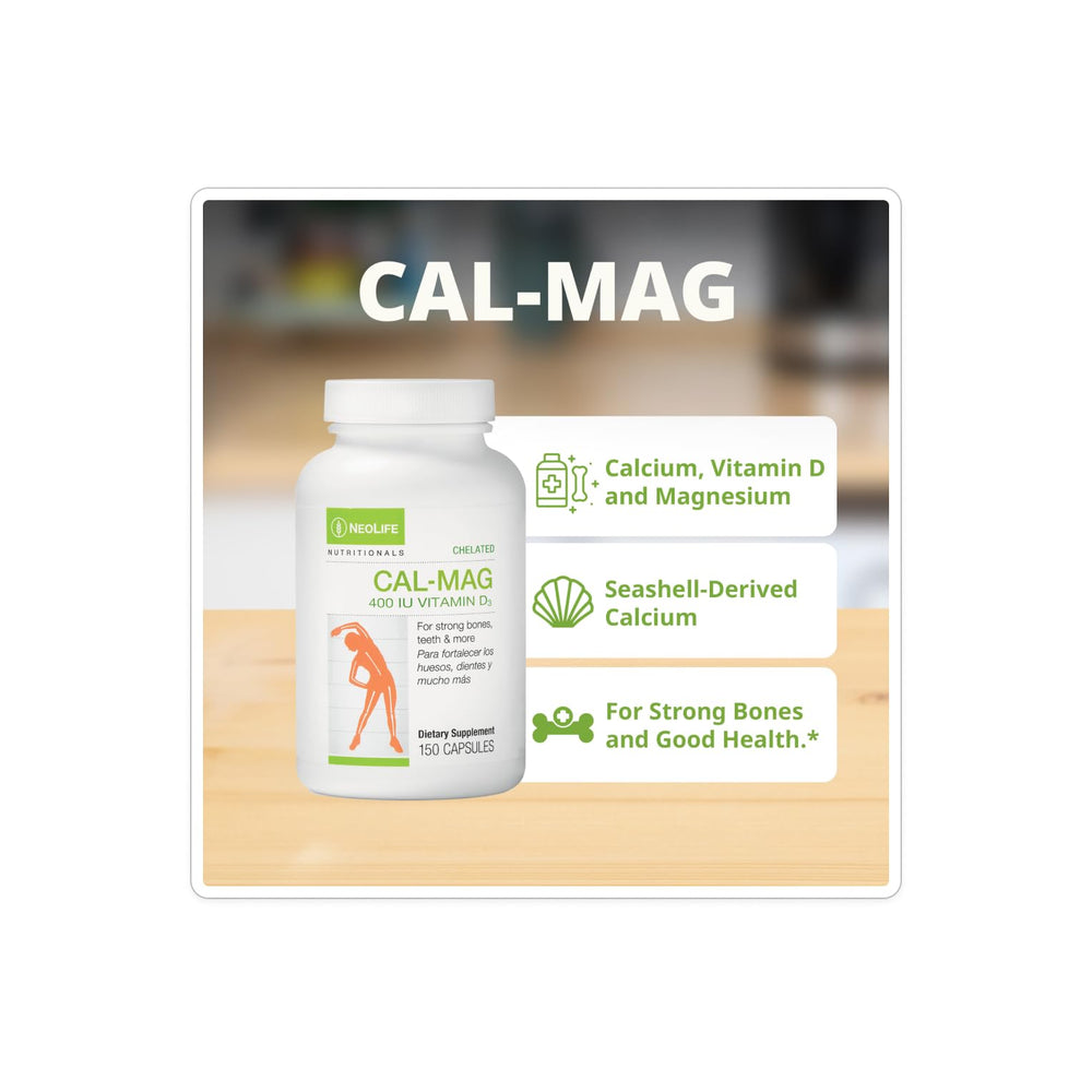NeoLife Chelated Cal-Mag softgels being poured from the bottle for easy daily intake.