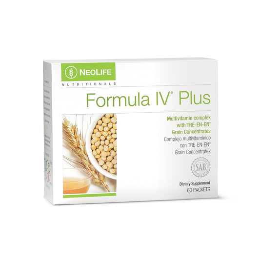 NeoLife Formula IV Plus Softgel bottle on counter supports easy daily nutrition.