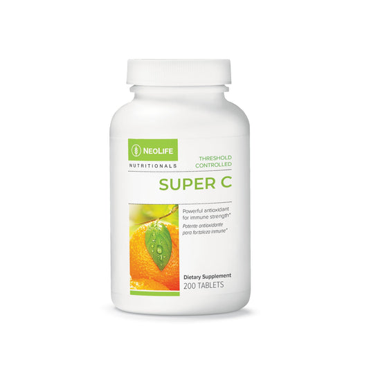 NeoLife Super C bottle front view showing 430 mg vitamin C per tablet for daily vitality.