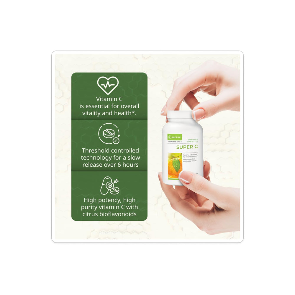 NeoLife Super C orange juice powder visual emphasizing natural vitamin C source.