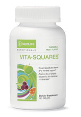 NeoLife Vita-Squares bottle front shows kid-friendly multivitamins for daily nutrition.