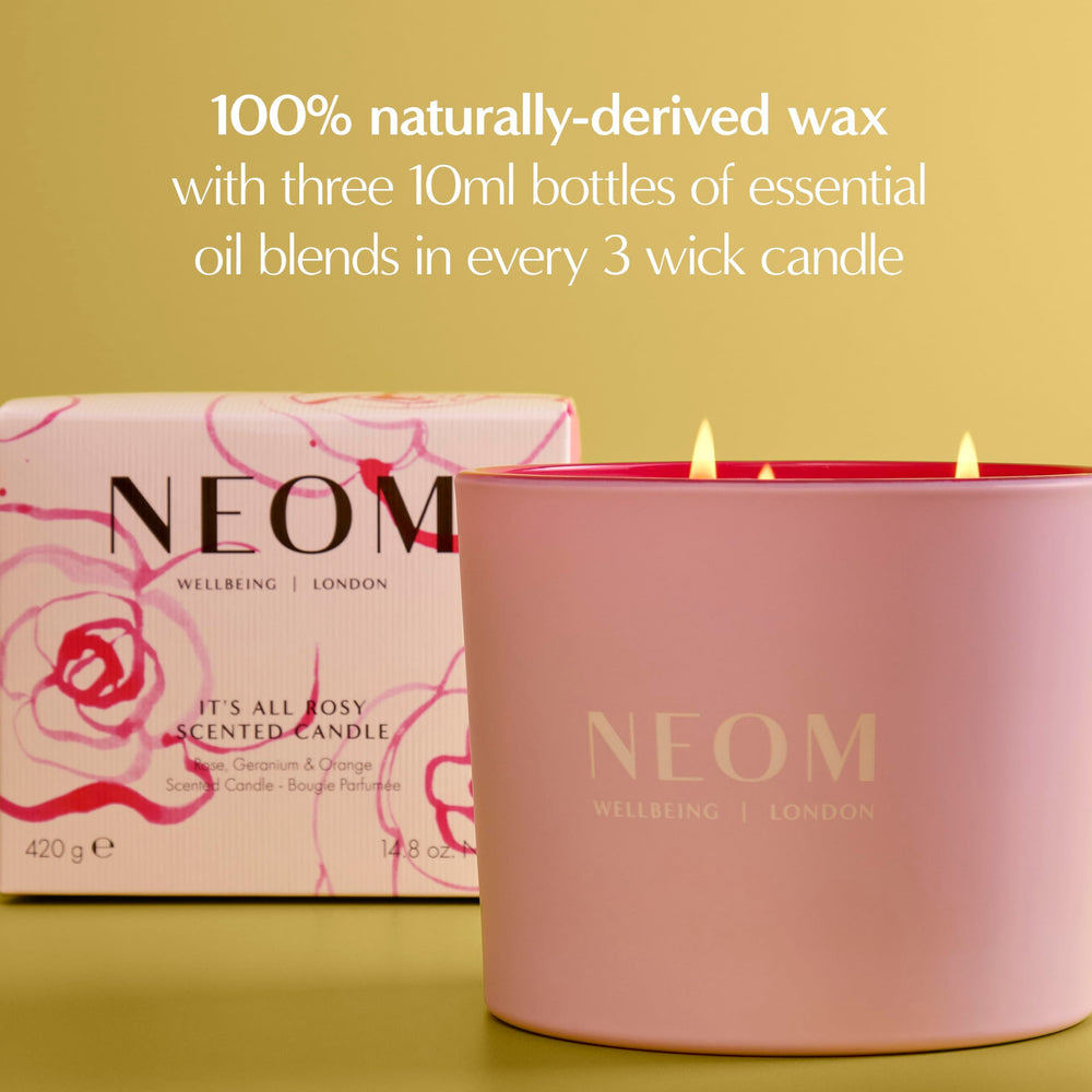 NEOM It's All Rosy Candle packaging ready for gifting.