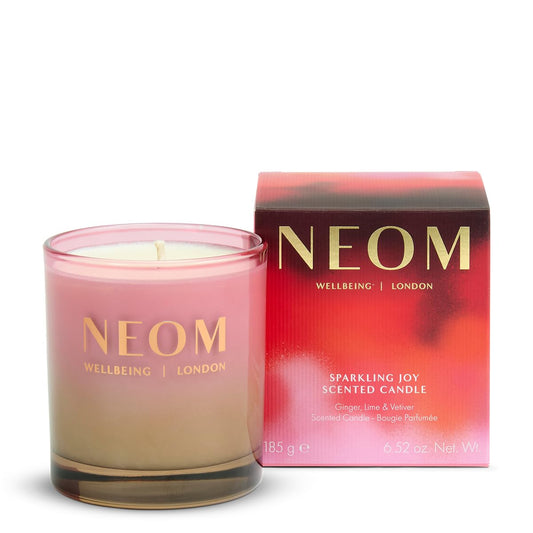 NEOM Sparkling Joy 1W candle in ginger-lime-vetiver, 185g, for uplifting evenings.