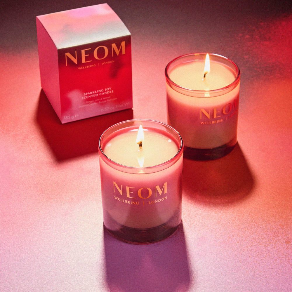 NEOM Sparkling Joy fragrance with ginger-lime-vetiver for energizing spaces.