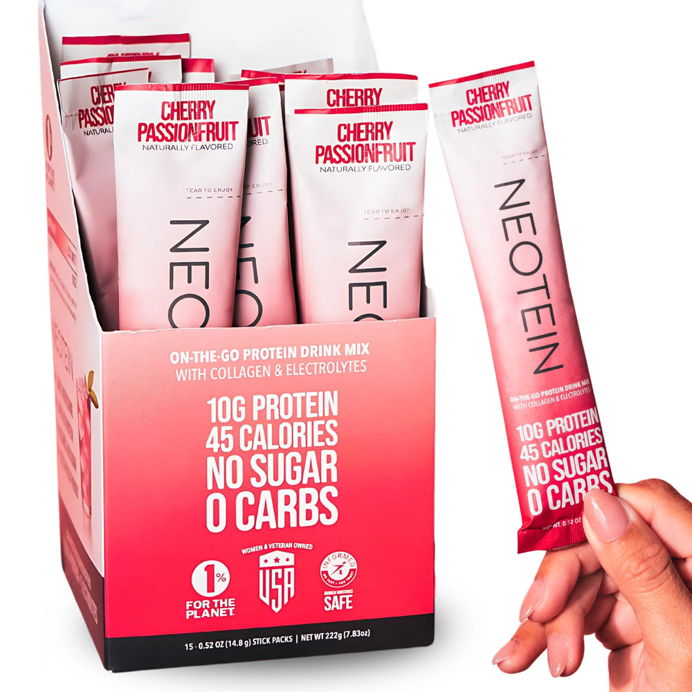 NEOTEIN cherry passionfruit packet ready for on-the-go hydration